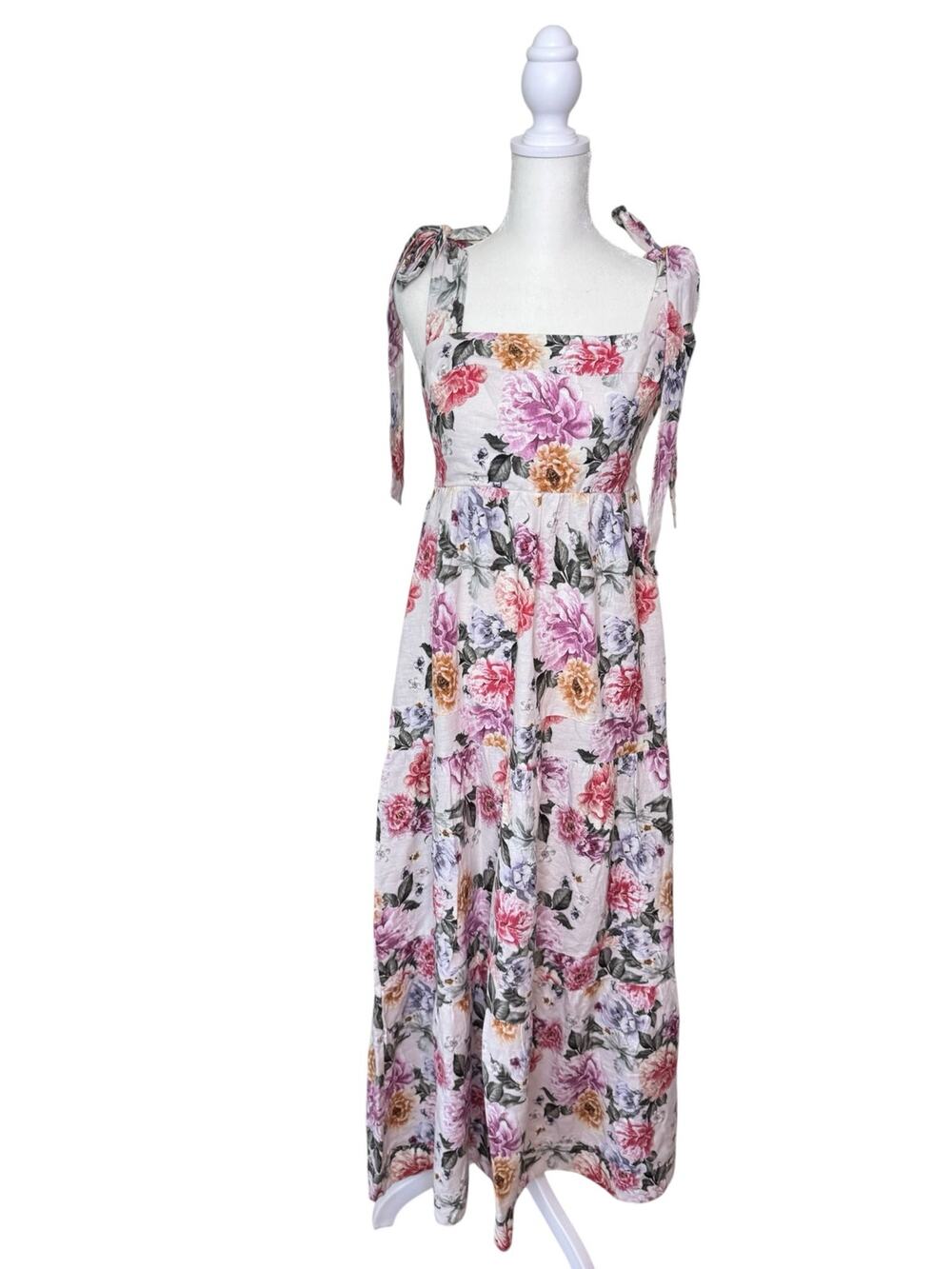 HOUSE OF HARLOW 1960 Linen Blend Floral Tie Strap Maxi Dress Size Small